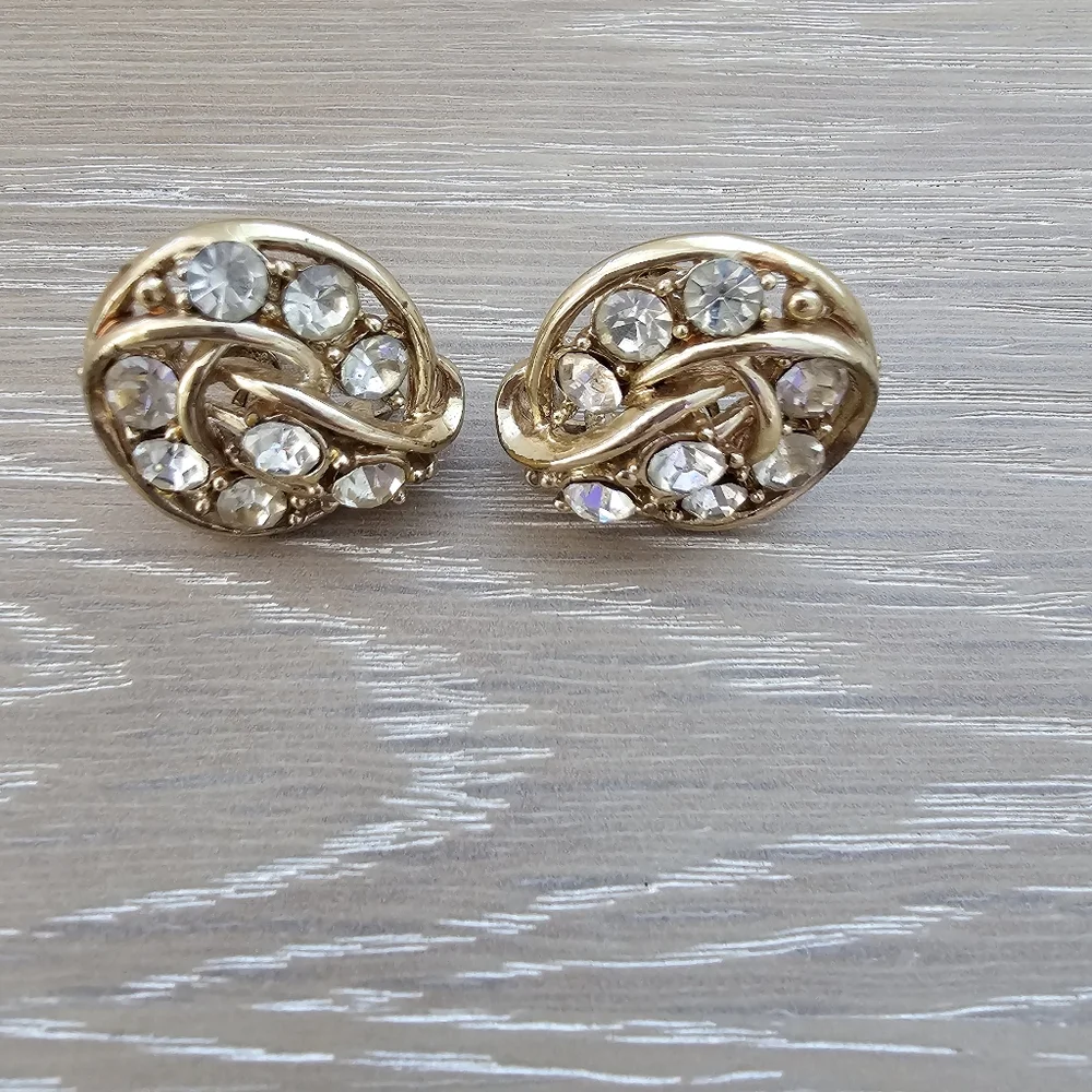 Vintage Coro Gold-Tone Rhinestone Swirl Clip-On Earrings